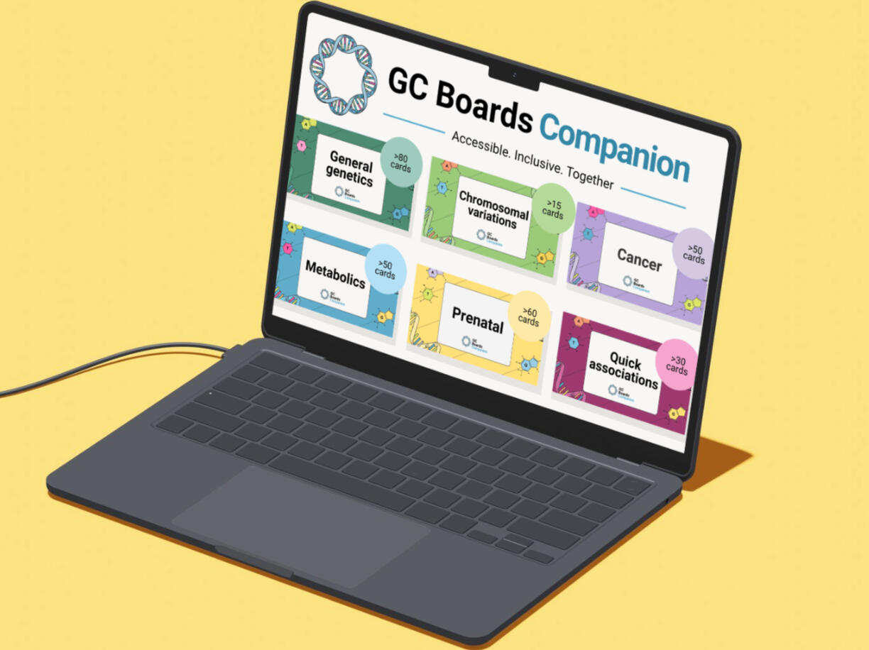 A black laptop in front of a bright yellow background shows the GC Boards Companion logo with study cards underneath, organized by category. There are bubbles on each category showing the number of corresponding cards.